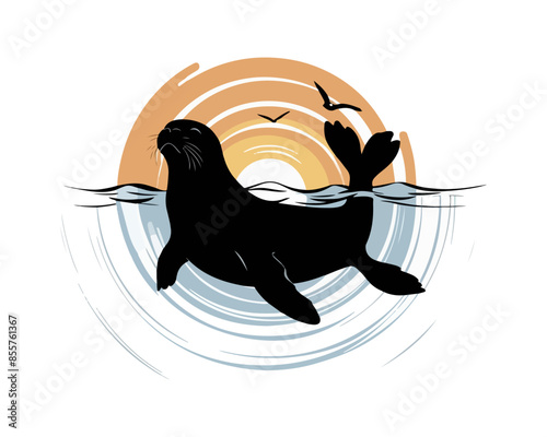 Black silhouette cute seal cartoon animal design flat vector illustration isolated on white background