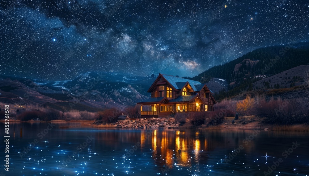 Fototapeta premium Starlit Serenity by the Lake: Cozy Lakeside Cottage Under a Twinkling Sky