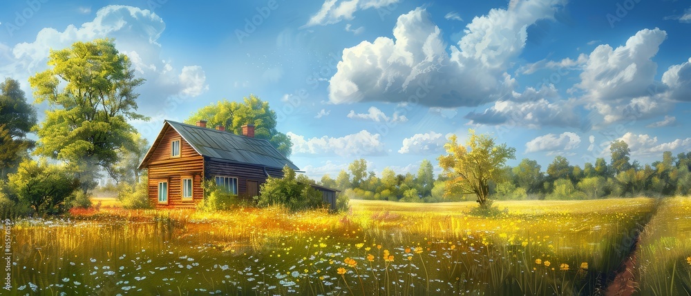 Fototapeta premium Radiant Summer Day at a Rustic Countryside Cottage Amidst Blooming Fields