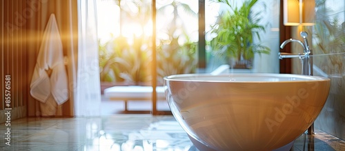 Blur focus of bathroom interior with modern tub and beautiful hotel. with copy space image. Place for adding text or design
