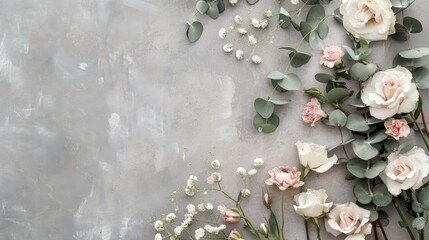 a delicate floral border featuring white and pink roses intertwined with eucalyptus leaves against a light grey background.