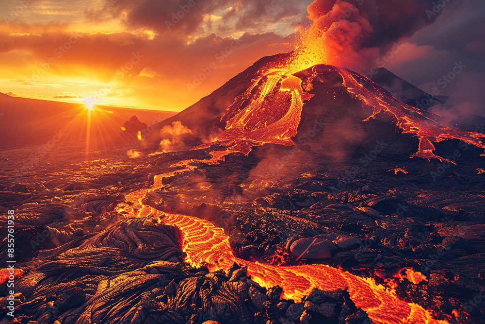 Fototapeta premium Generative ai on theme of erupting volcano with cascading hot lava surrounded thick white smoke