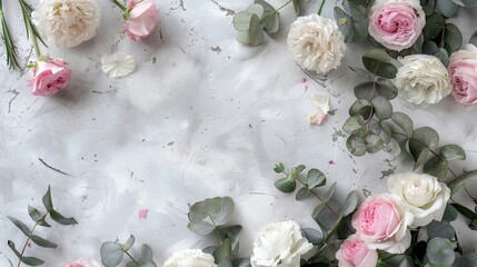 a delicate floral border featuring white and pink roses intertwined with eucalyptus leaves against a light grey background.