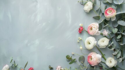 a delicate floral border featuring white and pink roses intertwined with eucalyptus leaves against a light grey background.