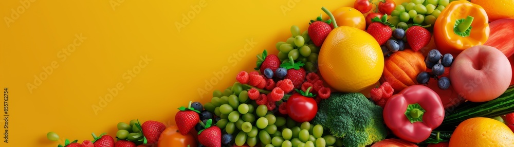 colorful fruits and vegetables on yellow background with copy space. colorful fruits and vegetables on yellow background with copy space.
