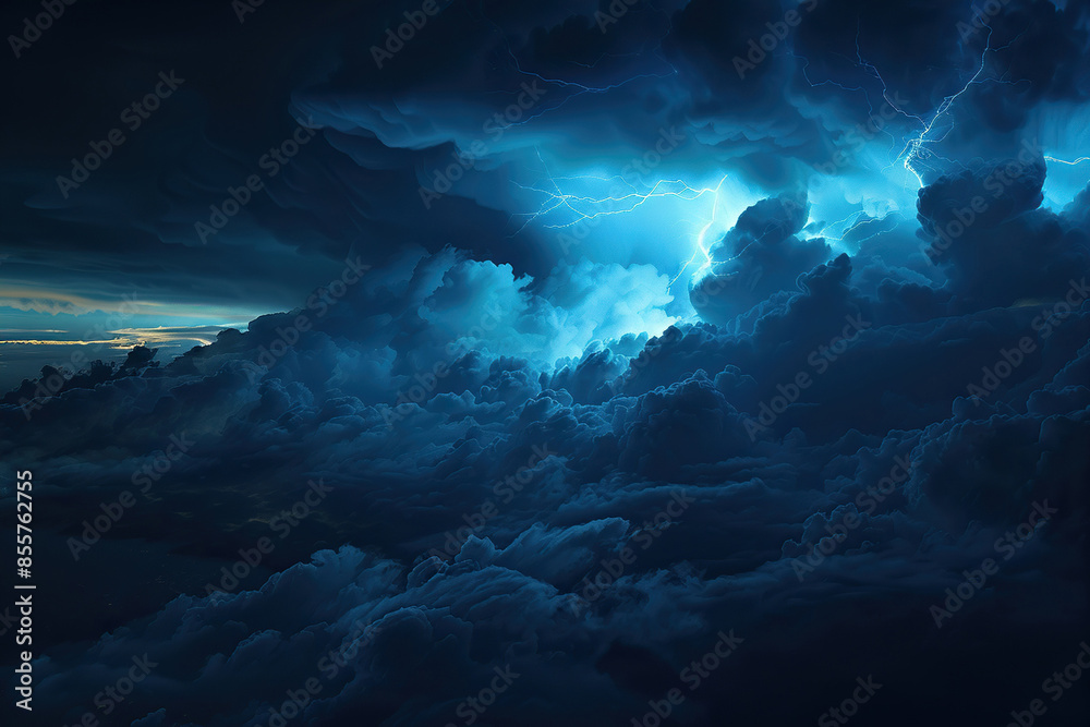 Naklejka premium Generative ai on theme of scary bright electric lightning bolt with branches in the night dark sky