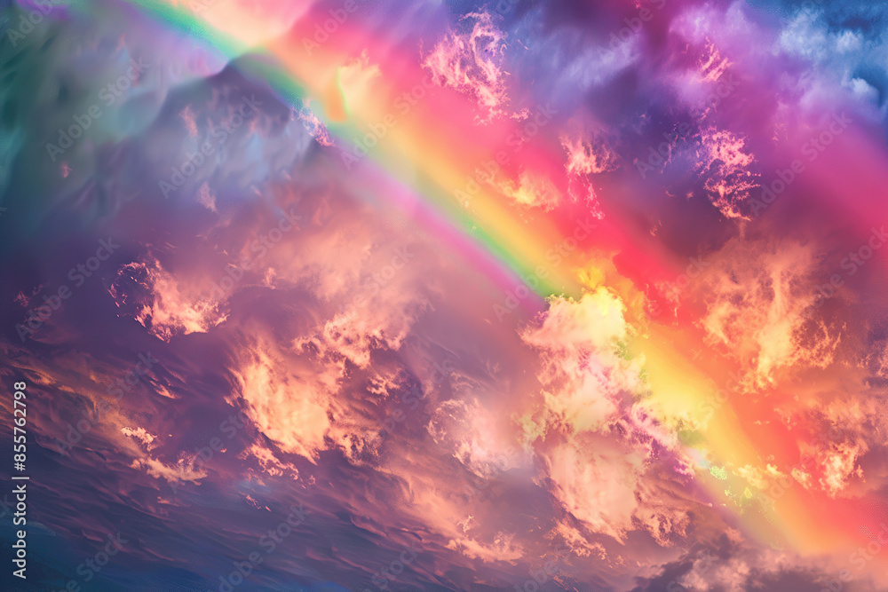 Fototapeta premium Generative ai on theme of beautiful tranquil landscape with magical bright rainbow at cloudy sky