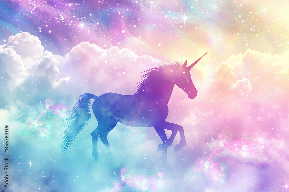 Generative ai on theme of fantasy unicorn in beautiful sky with bright rainbow and fluffy clouds
