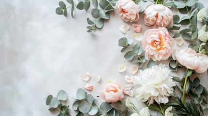 a delicate floral border featuring white and pink roses intertwined with eucalyptus leaves against a light grey background.