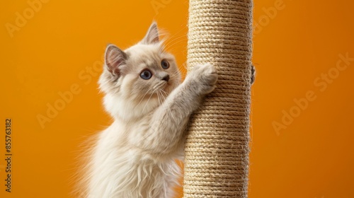 Playful Ragdoll Cat Climbing Sisal Post on Orange Background - High-Resolution Pet Photography photo
