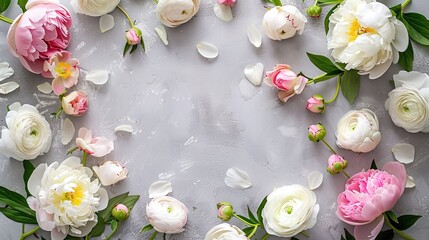 a delicate floral border featuring white and pink roses intertwined with eucalyptus leaves against a light grey background.