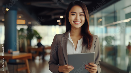 young beautiful asian business woman looking towards the camera, business woman using her laptop for data research 