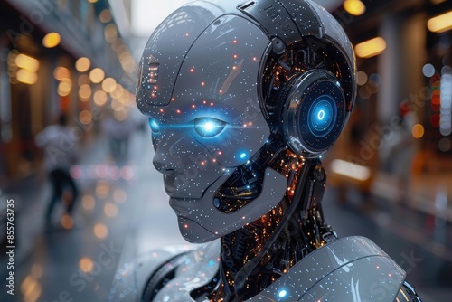 Futuristic robot close-up with glowing blue eyes and intricate circuitry, symbolizing AI and robotics.