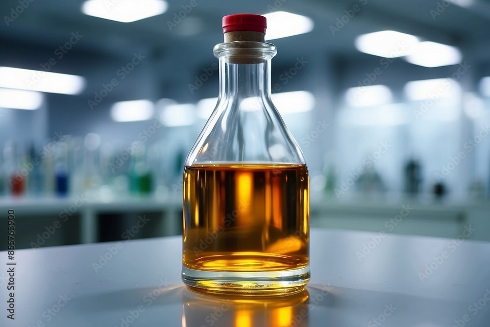 Glass red bottle with liquid in a laboratory research facility Glass red bottle with liquid in a laboratory research facility