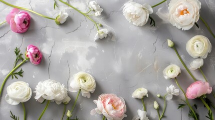 a delicate floral border featuring white and pink roses intertwined with eucalyptus leaves against a light grey background.