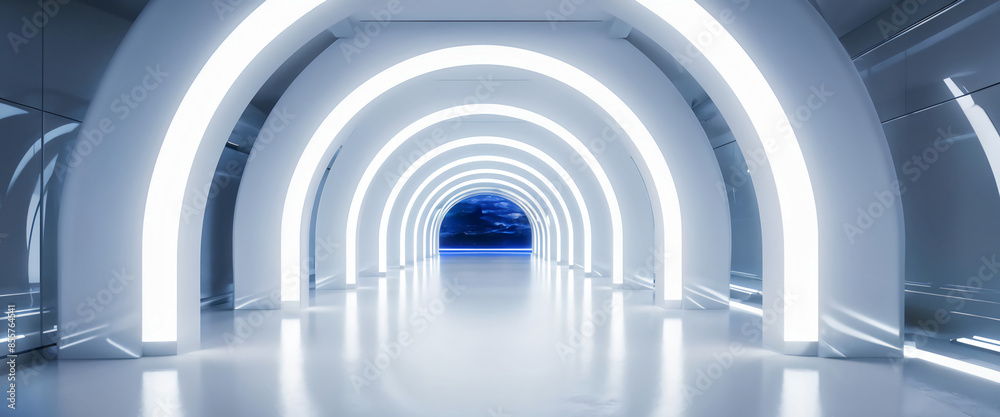 White background 3D room light abstract space technology tunnel stage floor. Empty white future 3D neon background studio futuristic corridor render modern interior silver road black wall design gray White background 3D room light abstract space technology tunnel stage floor. Empty white future 3D neon background studio futuristic corridor render modern interior silver road black wall design gray