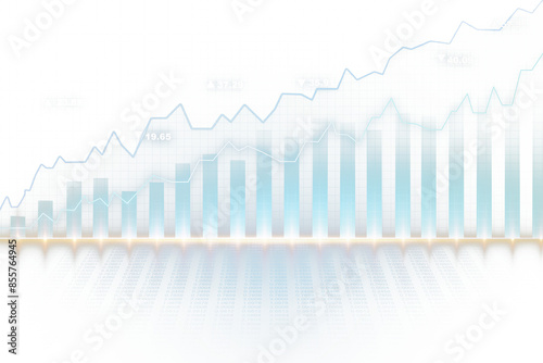 An abstract financial chart with rising graphs and bar diagram on a light, gradient blue and white background, conveying the concept of business growth