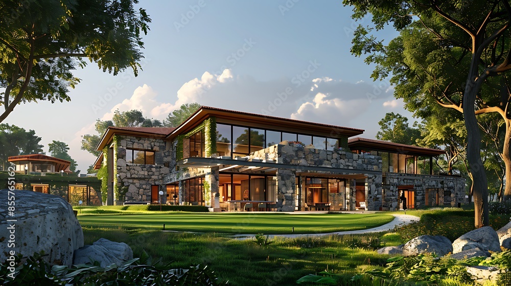 A picturesque golf course clubhouse with a stone facade and large   overlooking the green