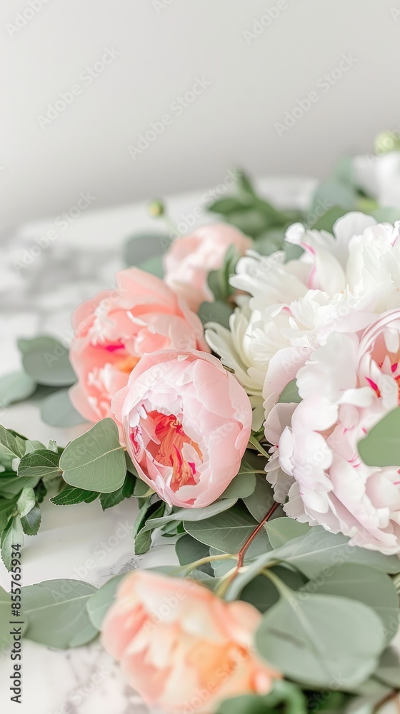 a delicate floral border featuring white and pink roses intertwined with eucalyptus leaves against a light grey background. a delicate floral border featuring white and pink roses intertwined with eucalyptus leaves against a light grey background.