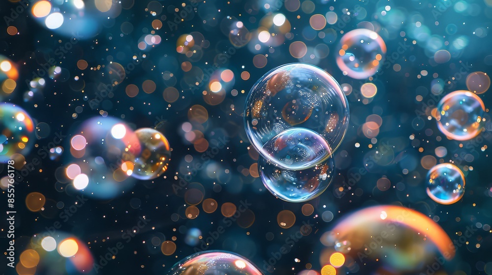 Dark blue night with dreamy glowing colorful bubbles Dark blue night with dreamy glowing colorful bubbles
