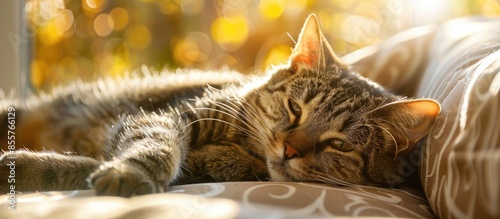 Grey tabby cat laing on sof...