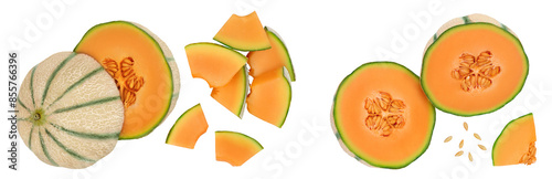 Cantaloupe melon isolated on white background with full depth of field. Top view. Flat lay