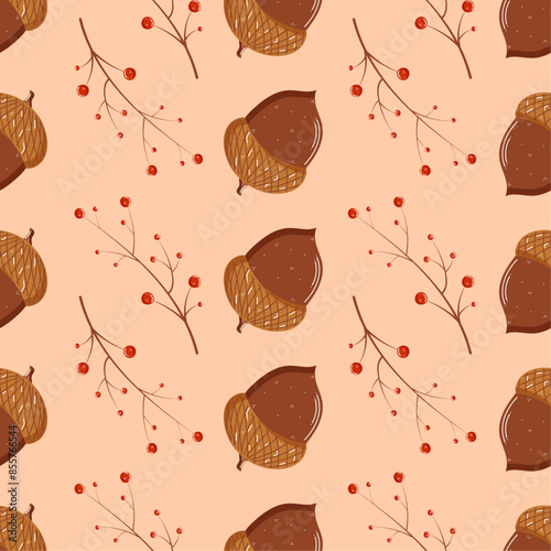 Autumn leaves seamless pattern vector in hand drawn style, brown acorn and rowanberry