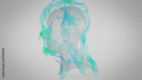 A man's head in an Internet web of connections. An image depicting an AI interacting with a human. Communication between AI and humans that improves the creative process. Continuous design. Plexus.