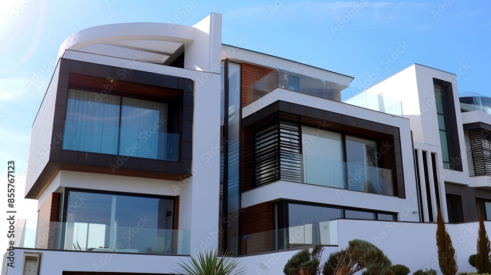 Obraz premium A minimalist modern house exterior with clean lines, large windows, and a sleek white facade against a clear blue sky