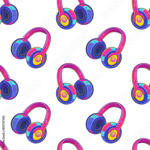 Y2k seamless vector pattern featuring colorful headphones, perfect for retro-themed designs, decor, and nostalgic backgrounds. 90s and 2000s aesthetic