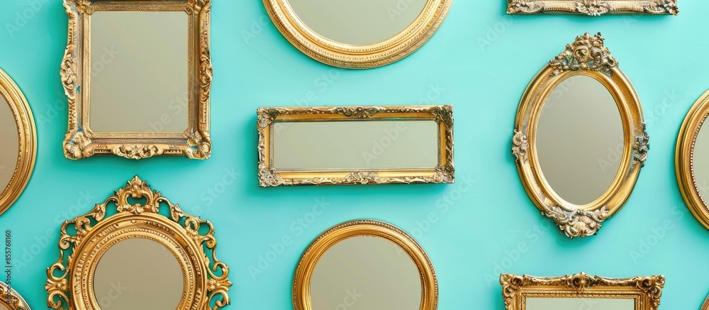 Obraz premium Set of golden frames for paintings, mirrors or photo isolated on a pastel background. with copy space image. Place for adding text or design
