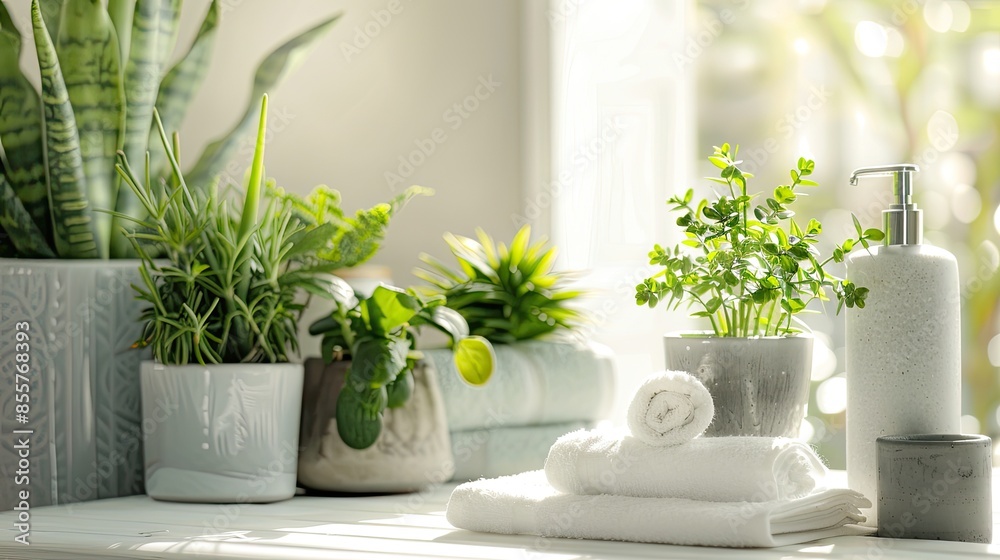 modern bathroom with a white table adorned by a small potted plant and air freshener reed, against a backdrop of neatly stacked towels.