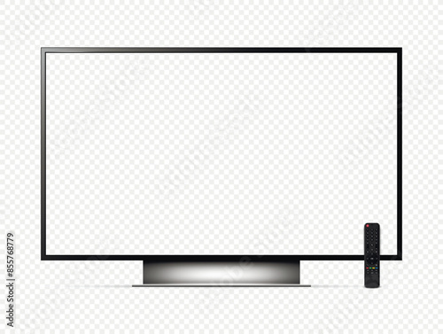 Realistic tv transparent screen with remote control isolated on transparent background.