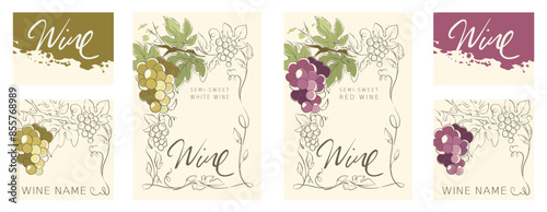 Collection labels for white and red wines. Vector illustrations, set of backgrounds with grapes and watercolor brushstrokes.