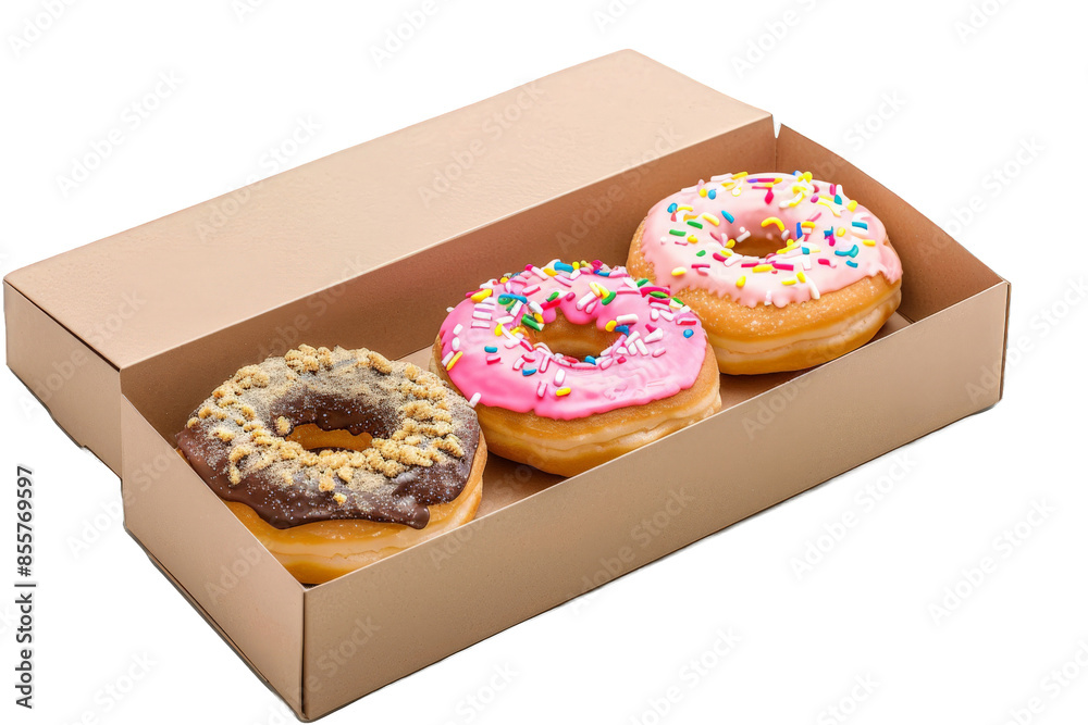 Three Donuts in a Box isolated on transparent background png Stock ...