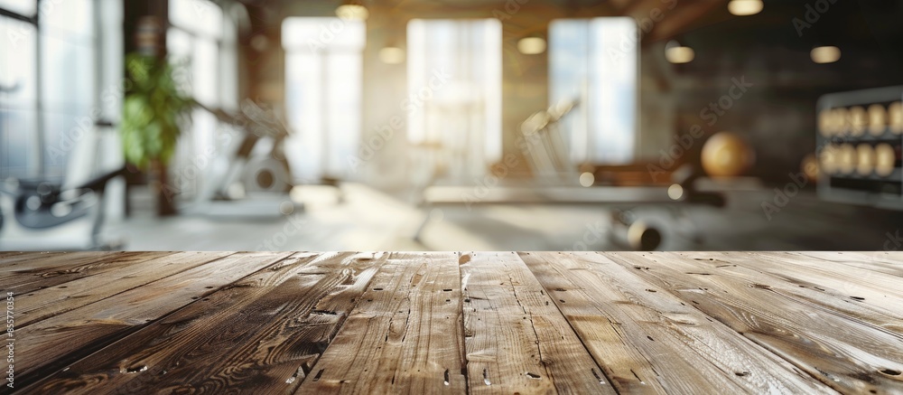 fitness gym and wooden table space. Copy space image. Place for adding text or design fitness gym and wooden table space. Copy space image. Place for adding text or design