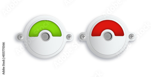 Toilet or restroom locks green and red round metal isolated on white. Occupied and Free. Regular public restroom door mechanism indicating. Vector