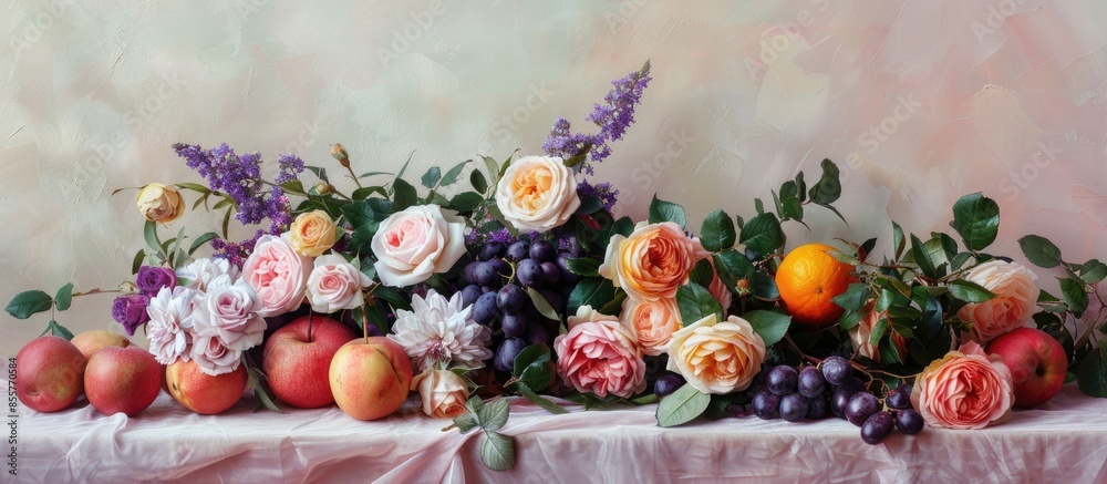 Still life with asters and roses bunch with fruits Isolated on pastel background. with copy space image. Place for adding text or design Still life with asters and roses bunch with fruits Isolated on pastel background. with copy space image. Place for adding text or design