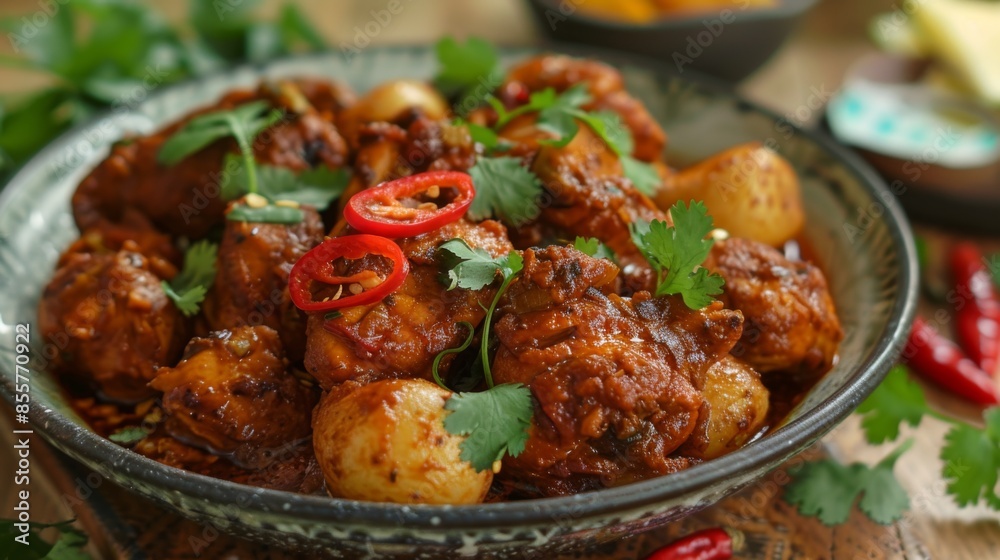 A plate of spicy chicken vindaloo curry with potatoes, garnished with sliced red chilies and coriander A plate of spicy chicken vindaloo curry with potatoes, garnished with sliced red chilies and coriander
