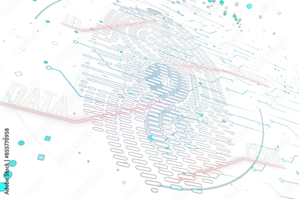 Abstract digital fingerprint scan concept with icons on a light layout background, in a clean and modern design style