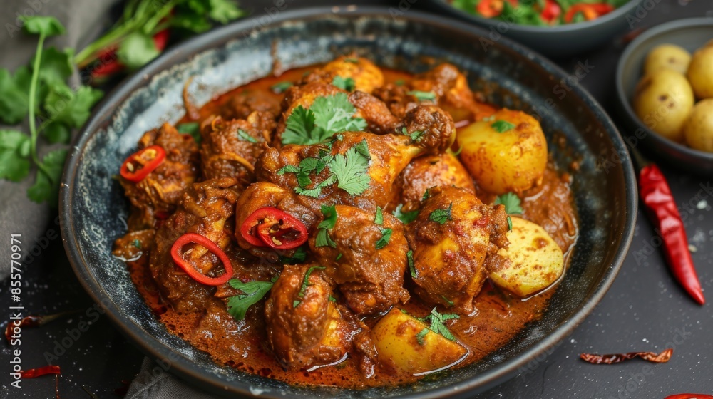 A plate of spicy chicken vindaloo curry with potatoes, garnished with sliced red chilies and coriander A plate of spicy chicken vindaloo curry with potatoes, garnished with sliced red chilies and coriander