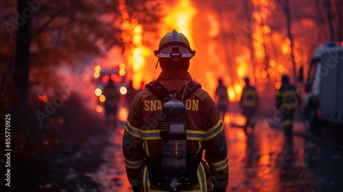Firefighter in a fire fighting action. Smoke and fire in the background.