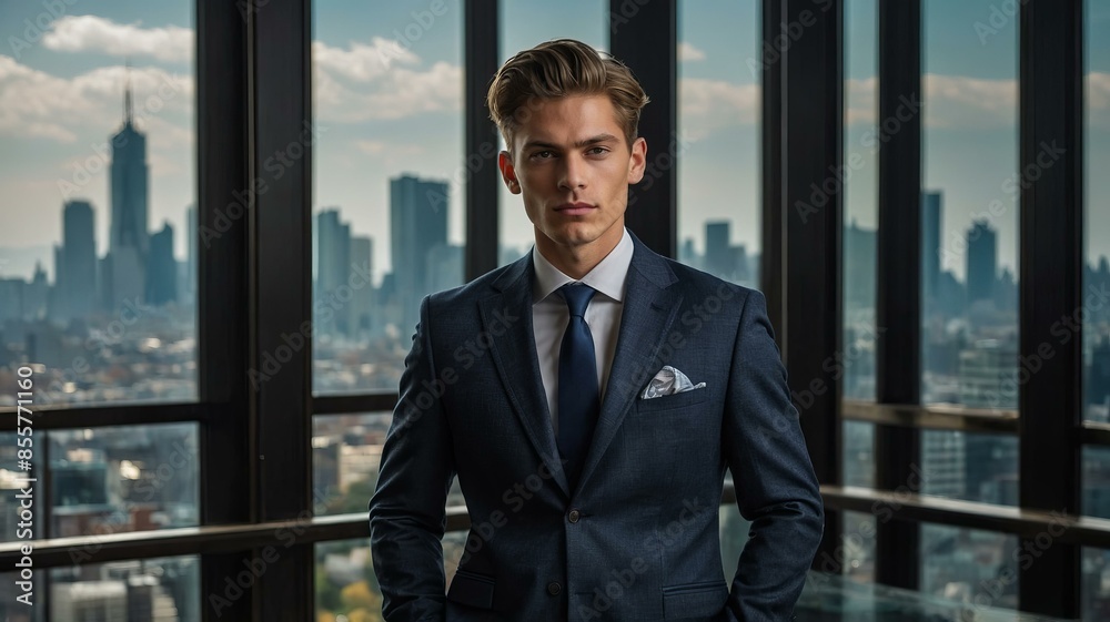 Young professional man in tailored suit stands in front of window overlooking city skyline. Formal business wear Young professional man in tailored suit stands in front of window overlooking city skyline. Formal business wear