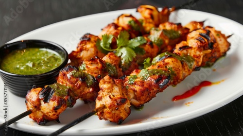 A plate of tandoori chicken tikka skewers with charred edges and served with mint chutney