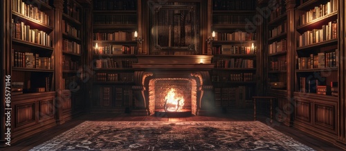 Library with fireplace. wit...
