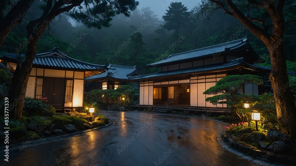 Traditional Japanese house with lantern-lit pathways amidst dense, foggy forest at night. Unique architectural design and peaceful ambiance Traditional Japanese house with lantern-lit pathways amidst dense, foggy forest at night. Unique architectural design and peaceful ambiance