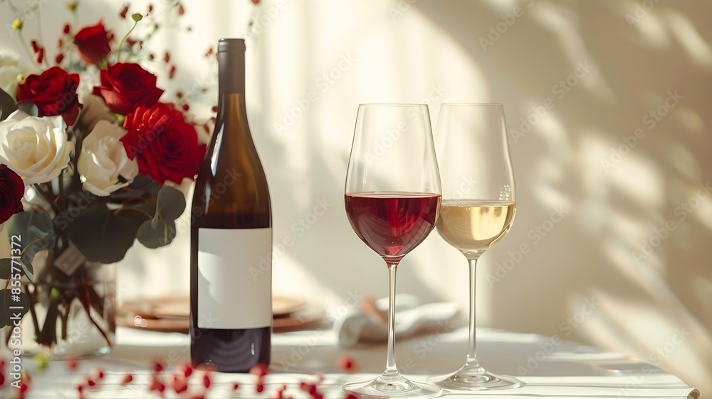 Elegant Wine Bottles and Glasses on Luxurious Table Setting with Flowers Elegant Wine Bottles and Glasses on Luxurious Table Setting with Flowers