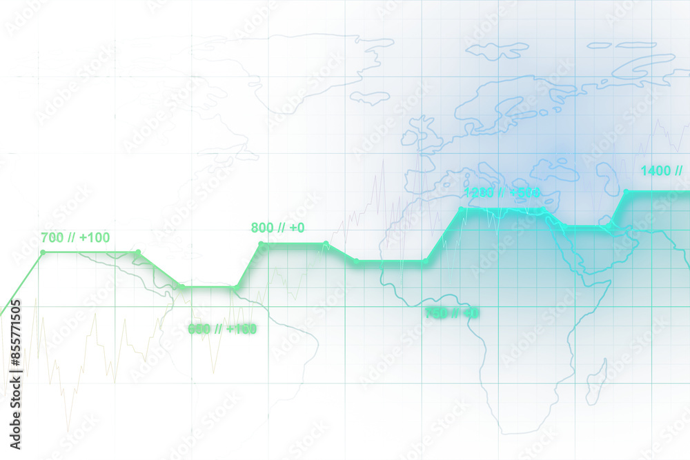 Abstract financial graph overlay on a world map, concept of global market analysis