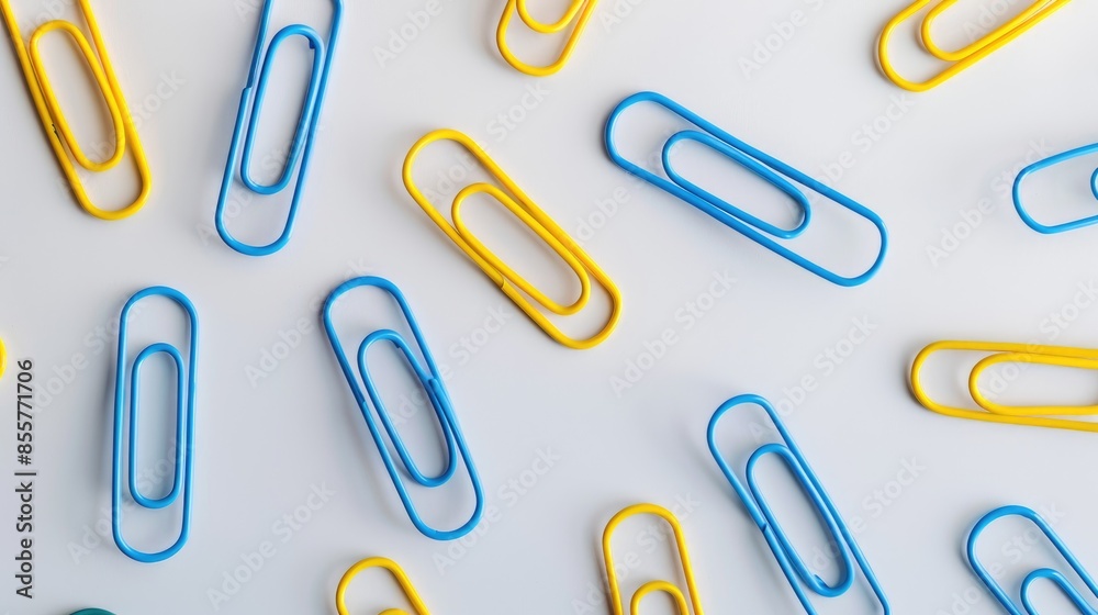 Blue and yellow paper clips on white backdrop signifying work and education High quality image Blue and yellow paper clips on white backdrop signifying work and education High quality image
