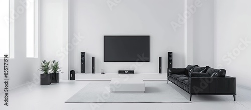 Empty living room interior with black leather sofa and tv in white installation. with copy space image. Place for adding text or design © vxnaghiyev